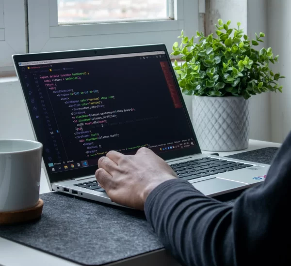 view of a person programming on a laptop